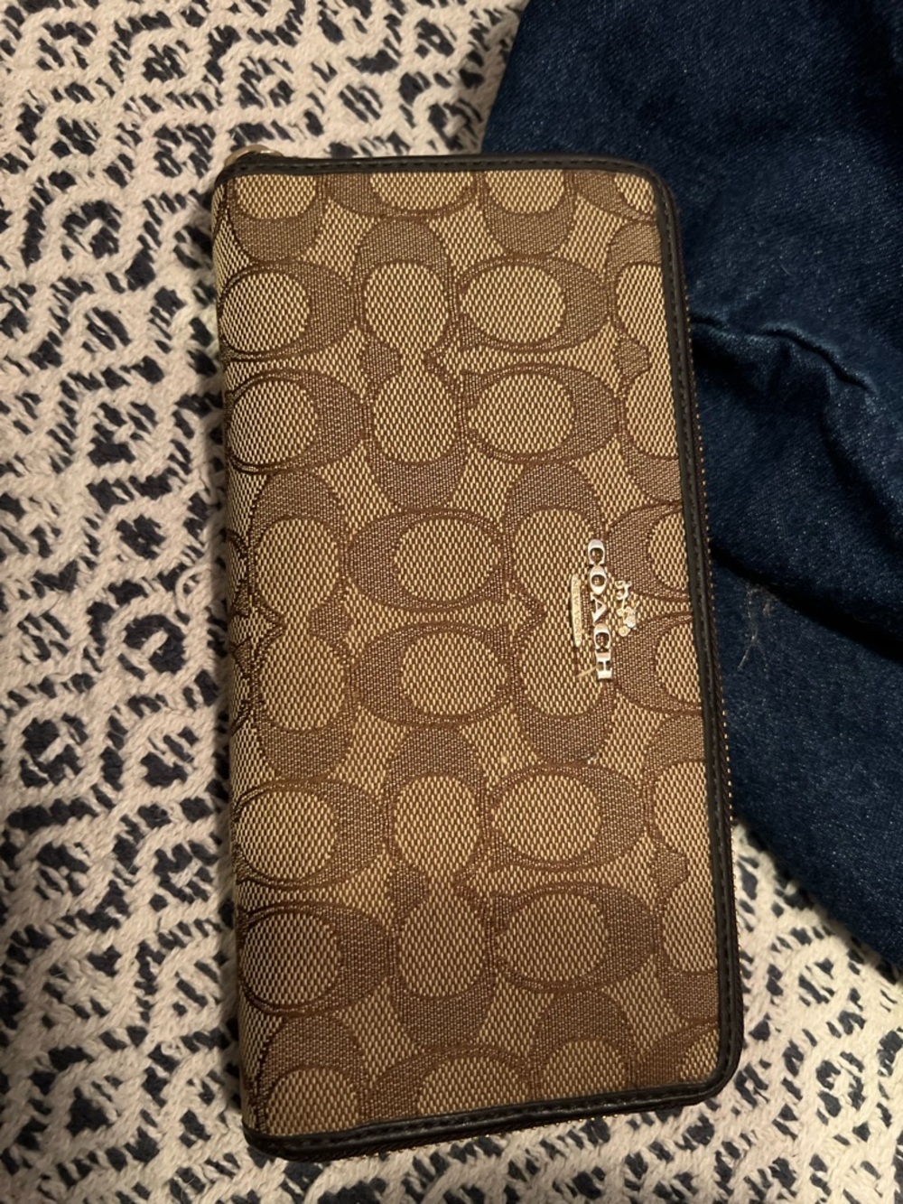 Coach Brown Signature Zip Wallet with Silver Logo